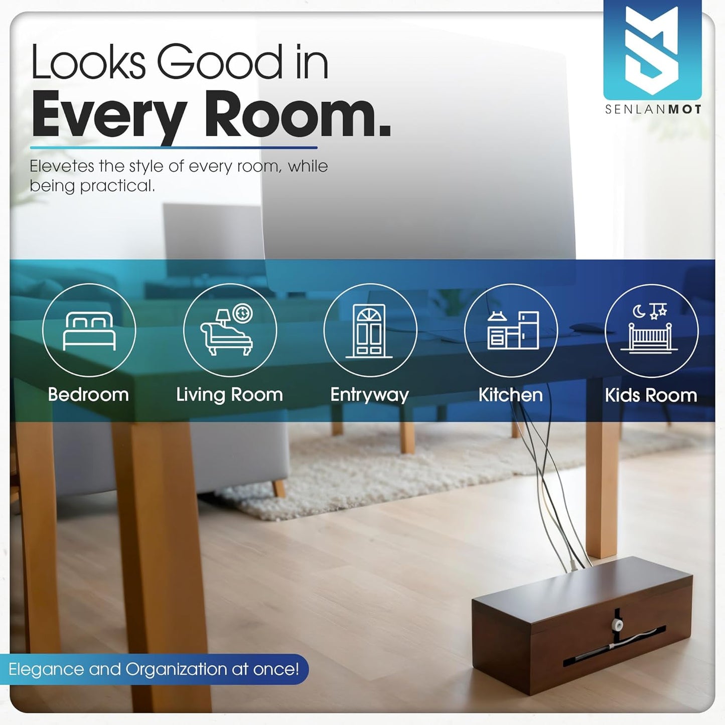 Wooden Cable Management Box – Modern Wire Organizer Box & Power Strip Cover for Home or Office | Large Cable Hider for Wires, Chargers & Extension Leads – Home Organization Storage