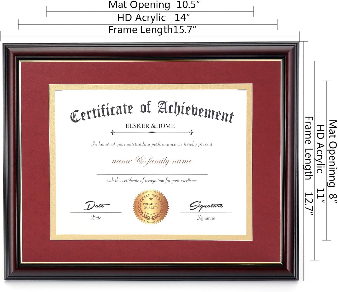 ELSKER&HOME Diploma Frame - Wide Solid Wood Frame - Black Velvet Golden Rim Mat - Semi-Tempered Glass - Includes Hanging Hardware and Desktop Easel(ONLY Display 11×14 Document/Certificate)