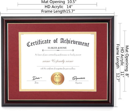 ELSKER&HOME Diploma Frame - Wide Solid Wood Frame - Black Velvet Golden Rim Mat - Semi-Tempered Glass - Includes Hanging Hardware and Desktop Easel(ONLY Display 11×14 Document/Certificate)