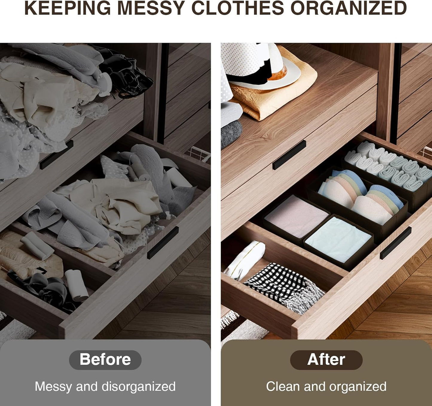 DIMJ Drawer Organizers Clothes, Dresser Organizer Bins for Baby Clothes,Underwear and Sock, Fabric Closet Organization and Storage Boxs, Drawer Dividers for Nursery, Clothing, Tie - 4 Pack, Beige