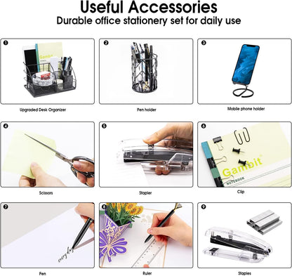 KAAKOW Gold Desk Organizers and Accessories Office Supplies Set Stapler, Pen Holder, Phone Holder, Scissors, Pen, Ruler, 30 Paper Clips, 22 Binder Clip, 20 Tacks and 1000pcs Staples (Gold)