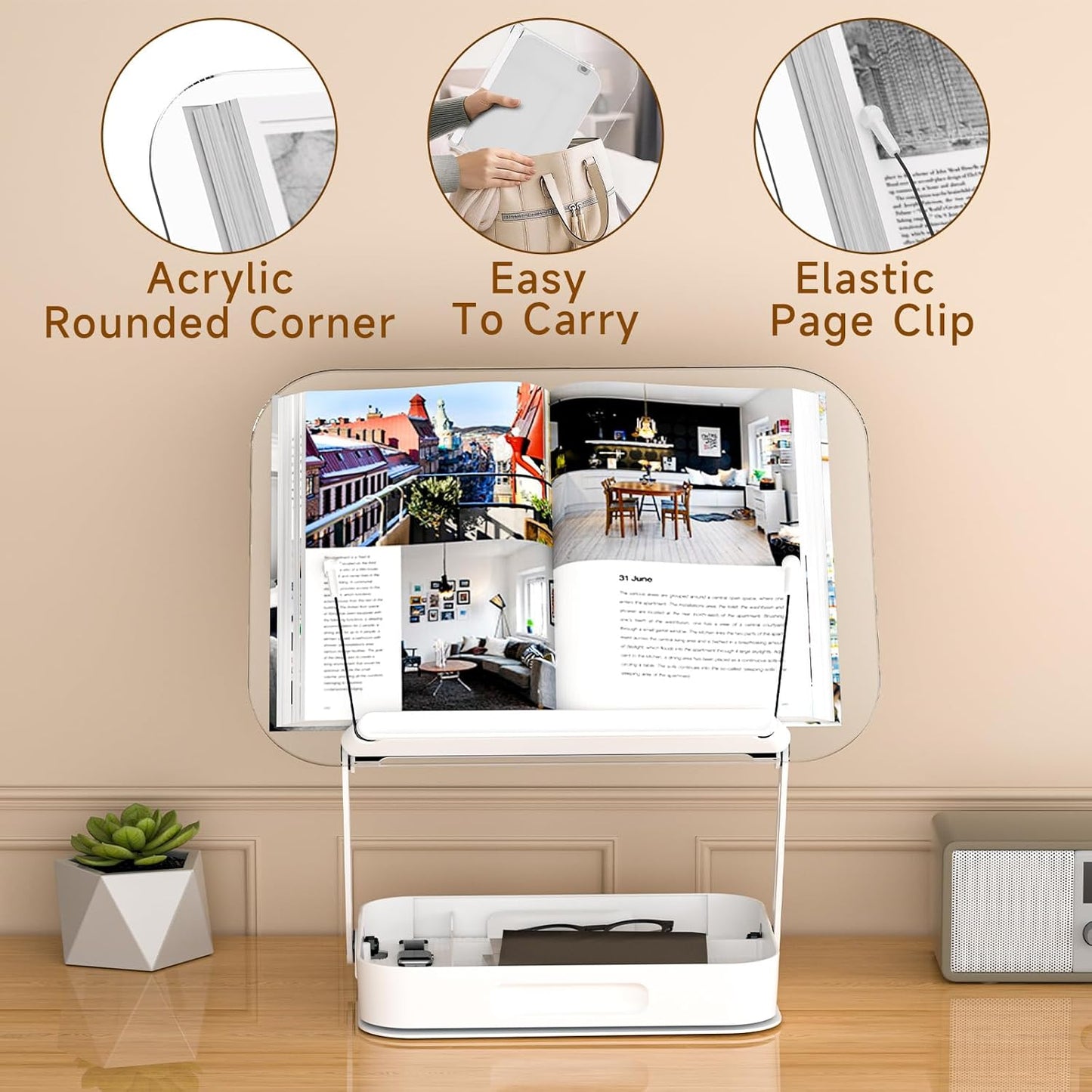 ASIEIT Desk Clamp Book Stand, Aluminum Book Holder Adjustable Height & Angle, Cookbook Stand for Kitchen, Recipe Book Holder with 360° Swivel Base, Book Stand for Reading, Office, Laptop