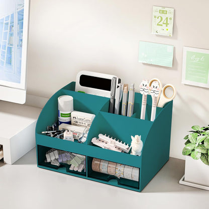 COMFYROOM Desk Organizer with 6 Compartments and 2 Drawers, Plastic Makeup Organizer, Pen Holder for Desktop Storage, Desk Organization for School, Home, Office Supplies (White)