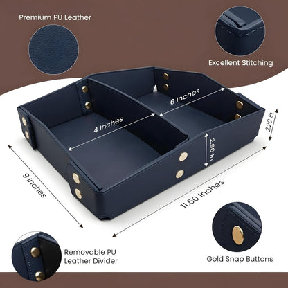 Valet Tray Organizer for Men & Women - PU Leather Catch All Tray with Removable Divider - EDC Storage for Keys, Watch, Phone - Nightstand, Dresser & Desk Organizer - Pacific Navy