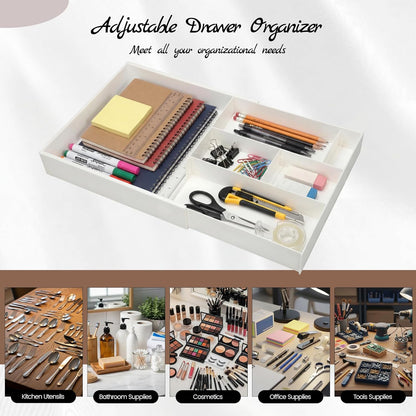Yalikop Plastic Desk Drawer Organizer 12 x 20 Inch Large White Expandable Drawer Organizer Trays with Extendable Tray Adjustable Student Desk Organizing Tray for Makeup Office School Supplies