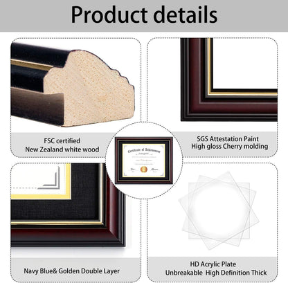 ELSKER&HOME Diploma Frame - Wide Solid Wood Frame - Black Velvet Golden Rim Mat - Semi-Tempered Glass - Includes Hanging Hardware and Desktop Easel(ONLY Display 11×14 Document/Certificate)