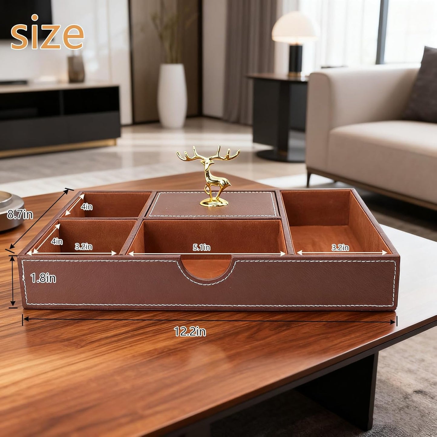 Jewelry Trays Nightstand Organizer, Valet Tray for Men and Women, Dressing Table Storage Box, Dark Brown Faux Leather, 5 Compartment