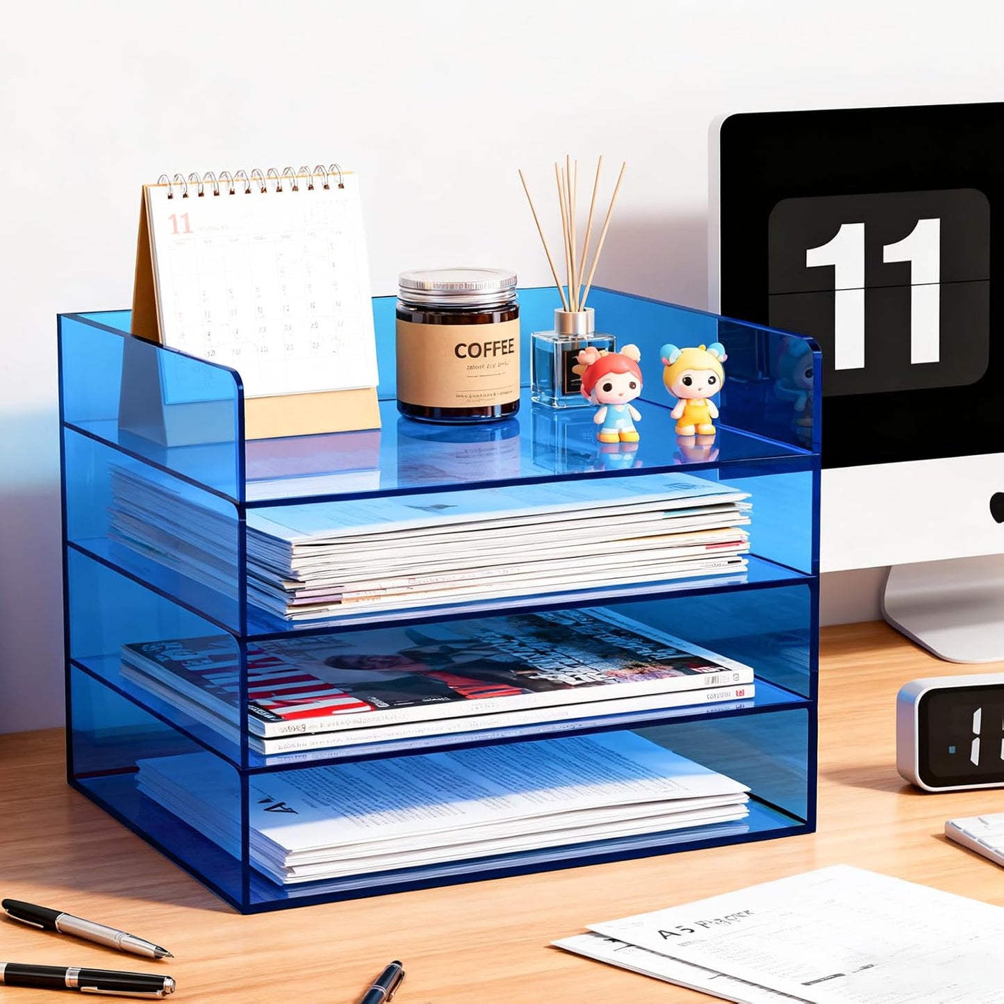 Gelite Acrylic File Organizer for Desk 4 Tiered Stackable Letter Tray Office Paper Storage Desktop Document Sorter, Neon Pink