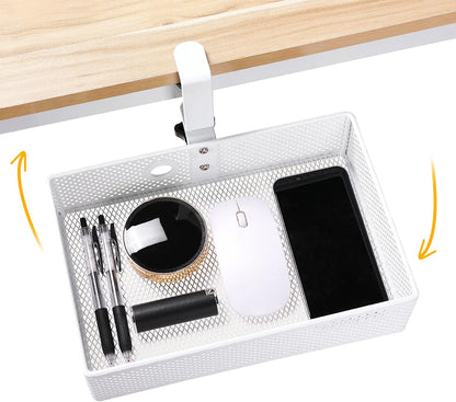 2-Tier Clamp-On Mesh Organizer, Under Desk Storage with Slide-Out Tray, No Drilling Tool-Free Installation, Durable Rust-Resistant Metal, Large-Capacity Organizer.