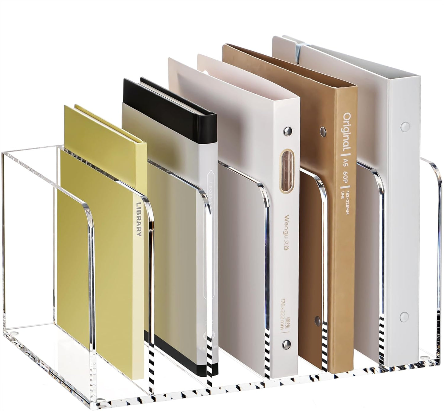 YUXUN Acrylic Magazine Holder,Clear Desk Organizer File Sorter for Notebook,Paper,Envelope,Magazine, Book Storage-Office/Home/Classroom Organization(4 Compartments,B5)