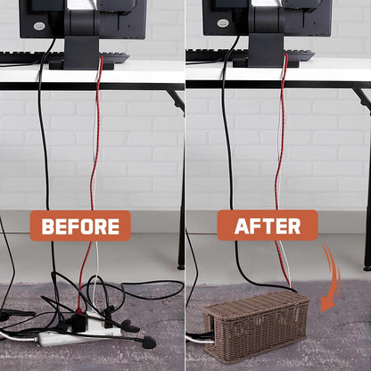 Cable Management Box, Handmade Rattan Cable Organizer with 2 Open Slots, Cord Hider for Power Strip, Router & USB Hub, Registered U.S. Design Patent (D1,112,102), 13" x 5.1" x 5.1", Natural
