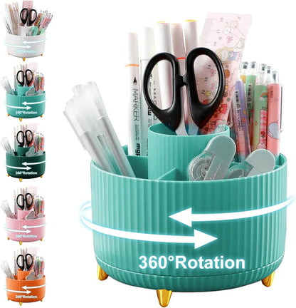 Cayxenful Pencil Holder For Desk,5 Slots 360°Degree Rotating Desk Organizers And Accessories,Desktop Storage Stationery Supplies Organizer, Cute Pencil Cup Pot For Office, School, Home (B-White)