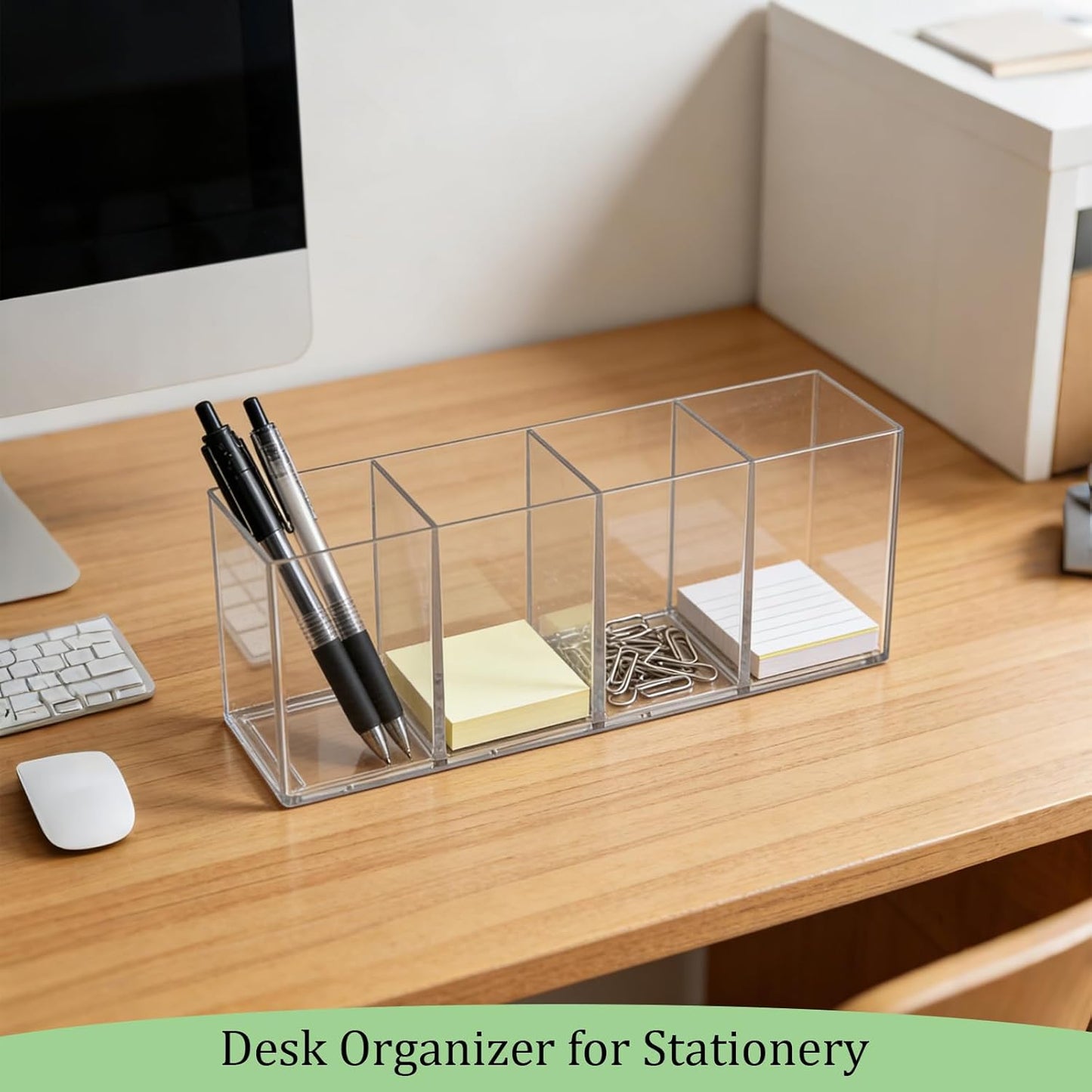 2 Pack Acrylic 3-Compartment Organizer Box, Storage Box with Lid, Clear Pen Holder Organizer Makeup Brush Holder for Office Desk Accessories, Cosmetic Brush Storage Box, Dorm, Bathroom, Kitchen
