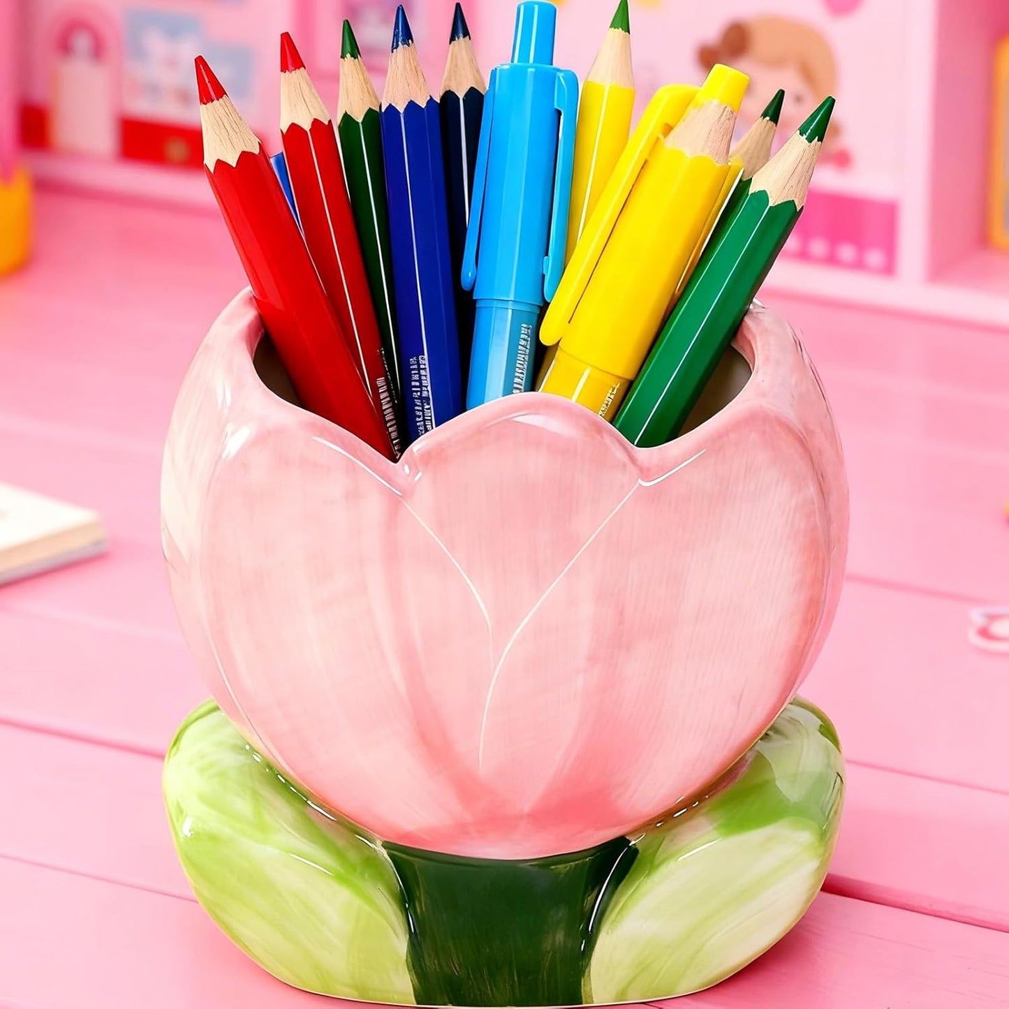 Pen Holder for Desk Cute Toothbrush Holder Tulips Vase Decor Aesthetic Pencil Holder for Office Makeup Brush Holder Yellow Kawaii Desk Accessories Home Decor Birthday Gifts for Women