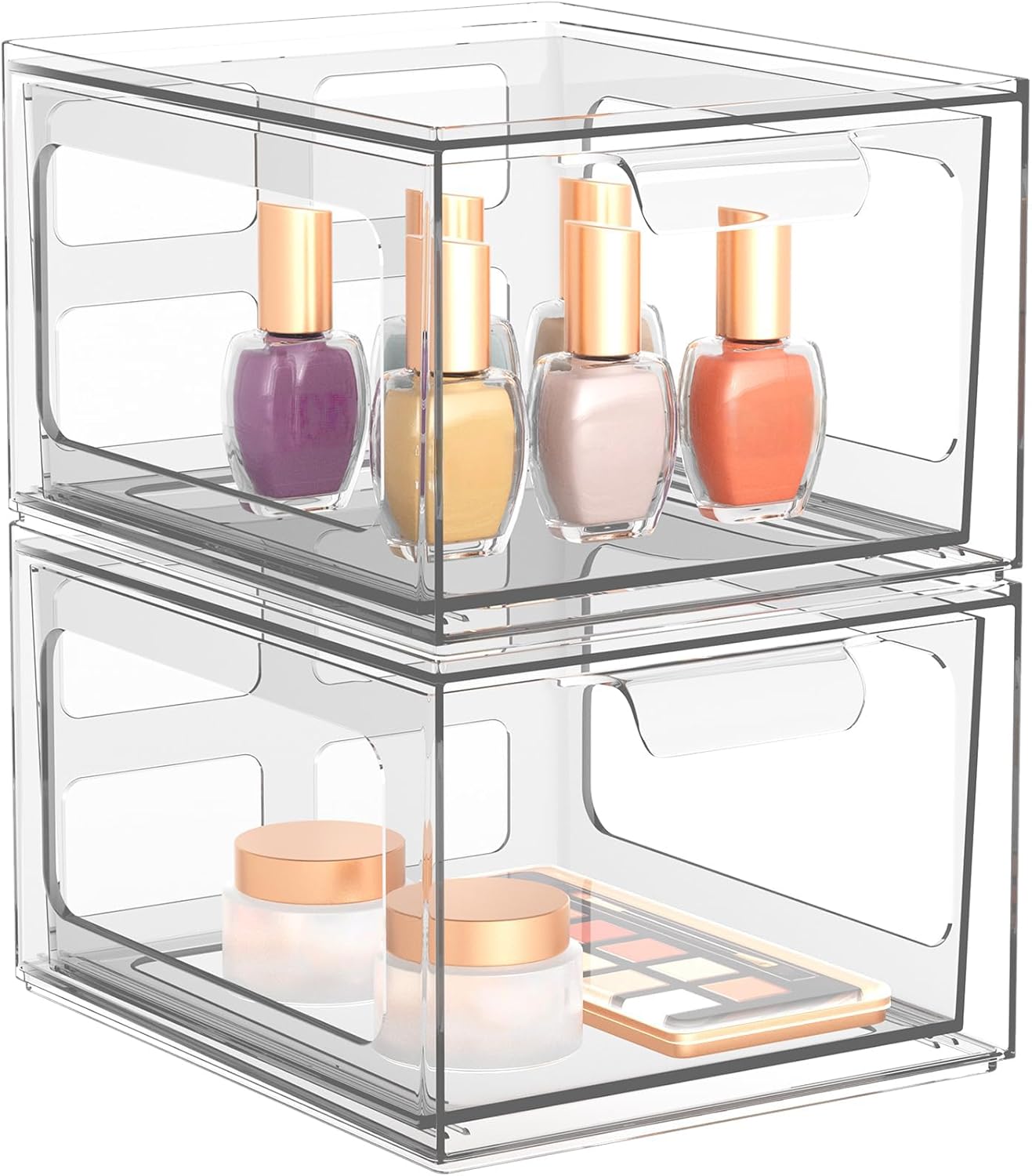 SpaceHacks 4 Pack Stackable Plastic Makeup Organizer Drawers, Acrylic Organizers, Clear Storage Bins with Pull-Out Handles for Vanity, Kitchen Cabinets, Pantry