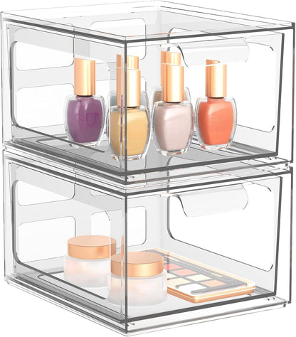 SpaceHacks 4 Pack Stackable Plastic Makeup Organizer Drawers, Acrylic Organizers, Clear Storage Bins with Pull-Out Handles for Vanity, Kitchen Cabinets, Pantry