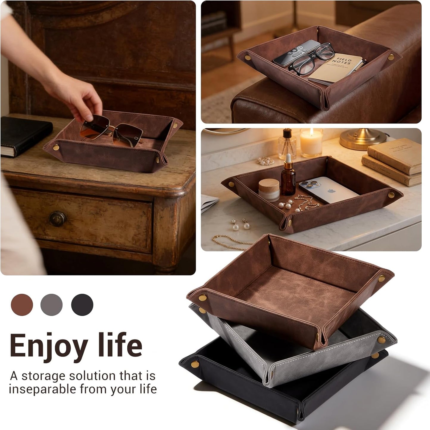CoBak Leather Valet Tray for Men, Premium PU Leather Catch-All Tray for Entryway Table Key, Phone, Wallet, Coins & Jewelry, Bedside Nightstand Desk-top Catchall (Gray)