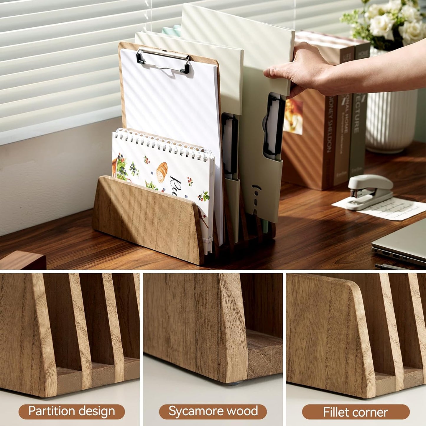 KIRIGEN Desktop File Document Holder Stand 7 Slots Mail Paper Organizer Desk Sorter Holder for File Document Organizer Stand for Home Office Natural (7KWJJ-NA)