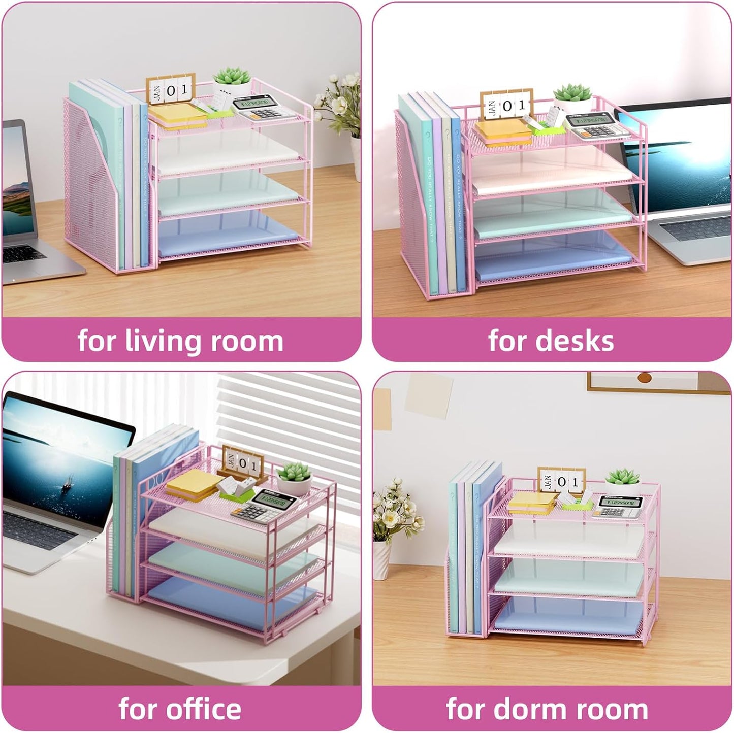 Marbrasse Desk Organizer and Accessories，4-Tier Paper Letter Tray Organizer with File Holder，Desk Accessories & Workspace Desktop Organizers for School Home Office Supplies (Blue)