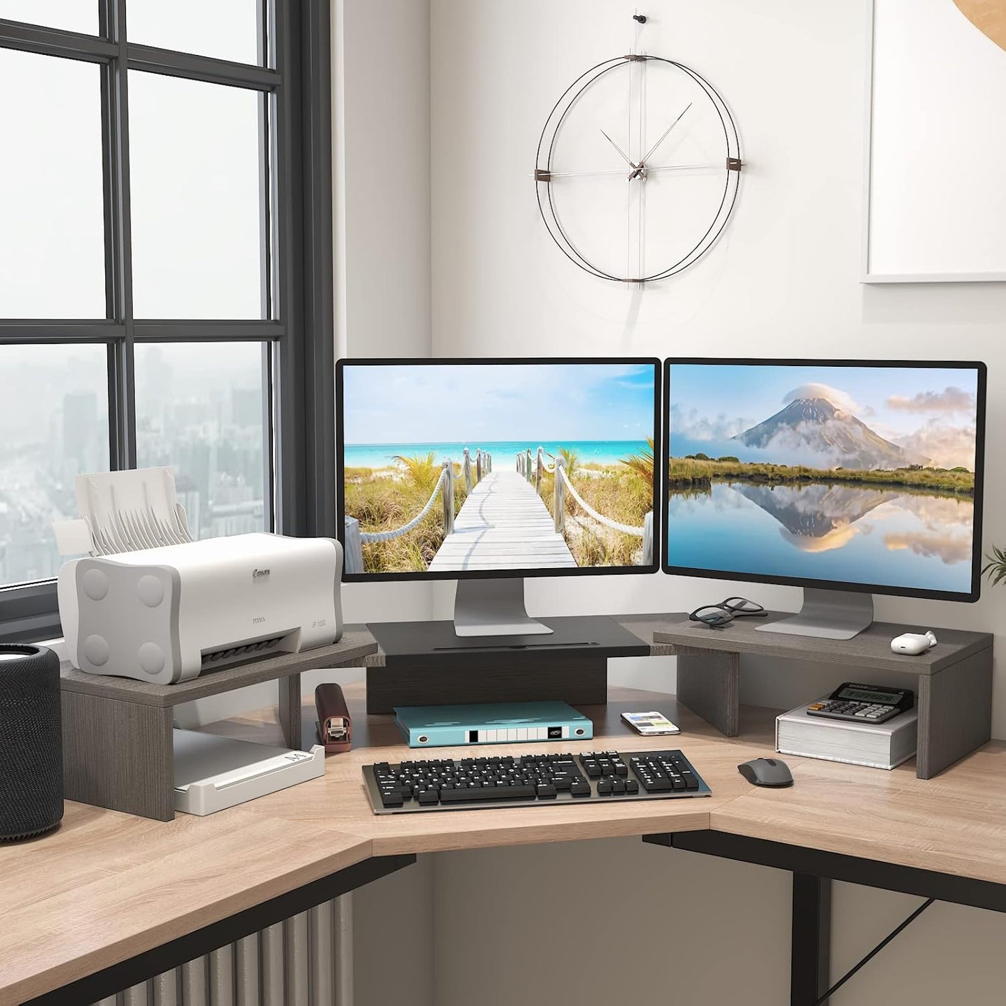 WESTREE Triple Dual Monitor Stand Riser, Extra Long Monitor Stand for 1~2~3 Monitors, Monitor Stand with Length and Angle Adjustable, 3 Shelf Desktop Storage Riser for Monitor Computer Screen Laptop