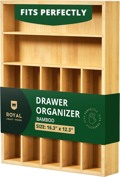 ROYAL CRAFT WOOD Luxury Bamboo Kitchen Drawer Organizer - Silverware Organizer, Utensil Holder & Cutlery Tray Drawer Dividers for Flatware (9 Slot, Natural)