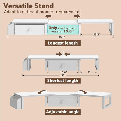 LAND·VOI Heavy Duty Dual Monitor Stand, Holds 2 Screens Up to 27 Inches, Adjustable Length and Angle Monitor Riser, Desk Organizer with Side Pockets and Drawers, Home Office Desk Storage, Rustic Brown