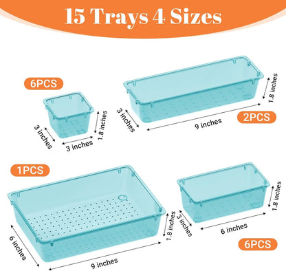 SpaceHacks 15 PCS Clear Plastic Drawer Organizer Set, 4-Size Acrylic Drawer Storage Trays, Storage Bins for Makeup, Gadgets, and Jewelry in Bathroom, Bedroom and Office, Clear Black