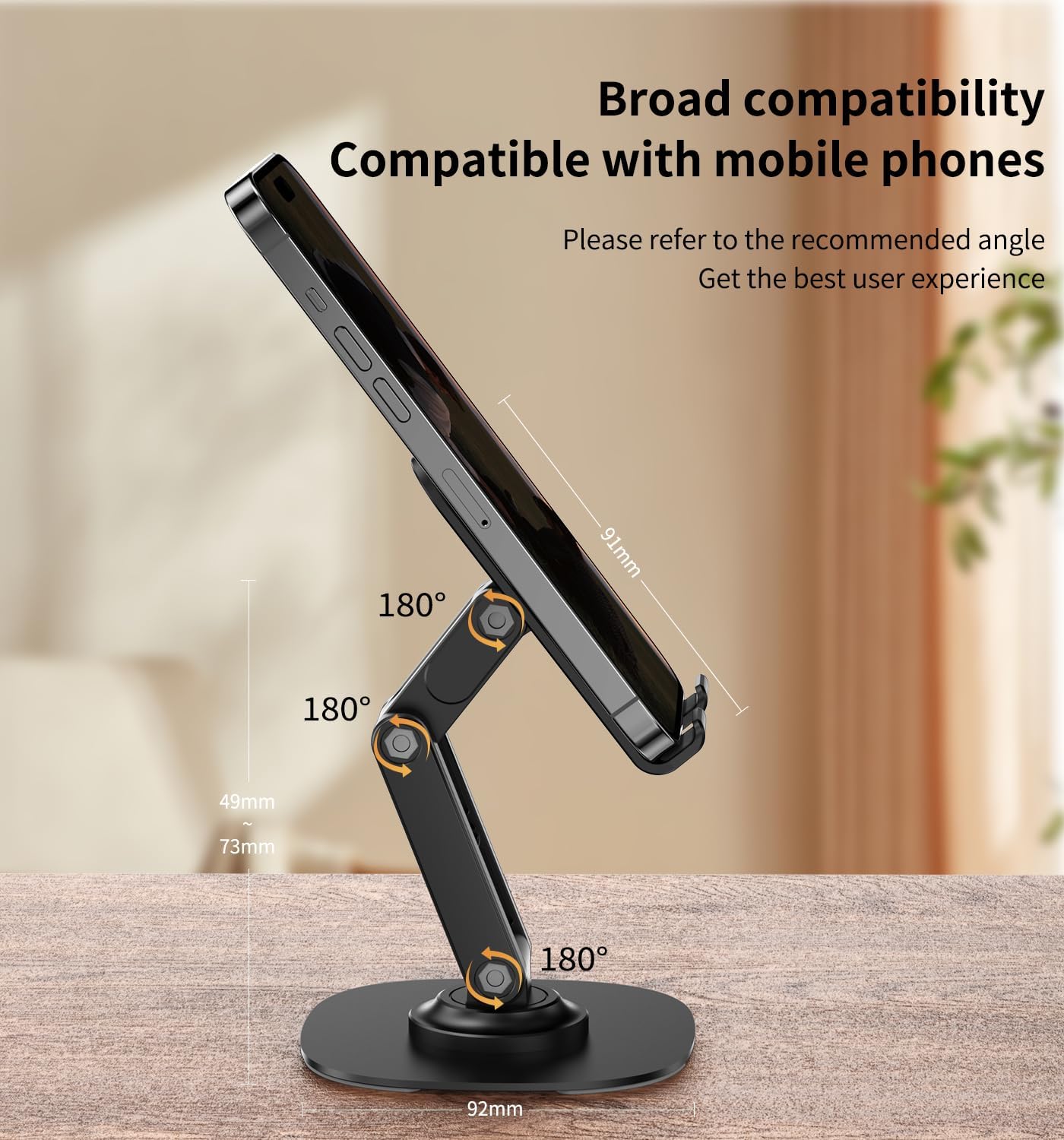 360° Rotating Cell Phone Stand for Desk, Adjustable & Foldable Phone Holder, Aluminum Desktop Phone Stand with Anti-Slip Base, Compatible with iPhone, iPad, Android Phones, K69-Black