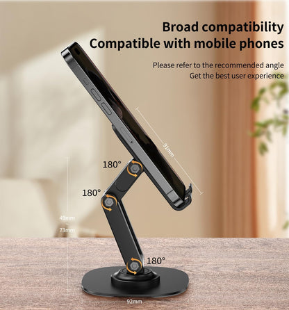 360° Rotating Cell Phone Stand for Desk, Adjustable & Foldable Phone Holder, Aluminum Desktop Phone Stand with Anti-Slip Base, Compatible with iPhone, iPad, Android Phones, K69-Black
