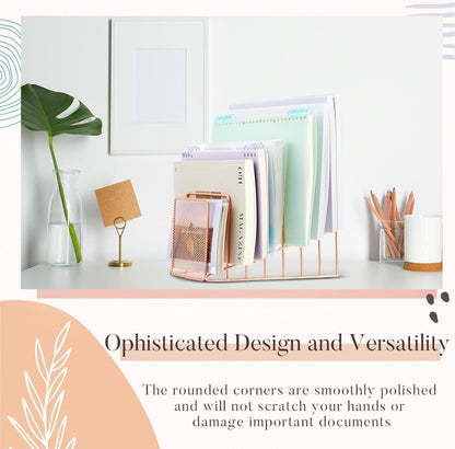 2 Pcs 7 Section Wire File Organizer for Desk, Metal Mesh Incline File Holder, Letter & Magazine Folder Rack, Desktop Paper Sorter for Home Office School (Golden)