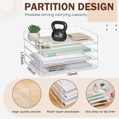 Harloon 4 Tier Paper Organizer Letter Tray Acrylic Desk File Organizer Heavy Duty Stackable Documents Clear Letter Paper Holder Sorter Office Tray for A4, Office Classroom Home File Pad Notebooks