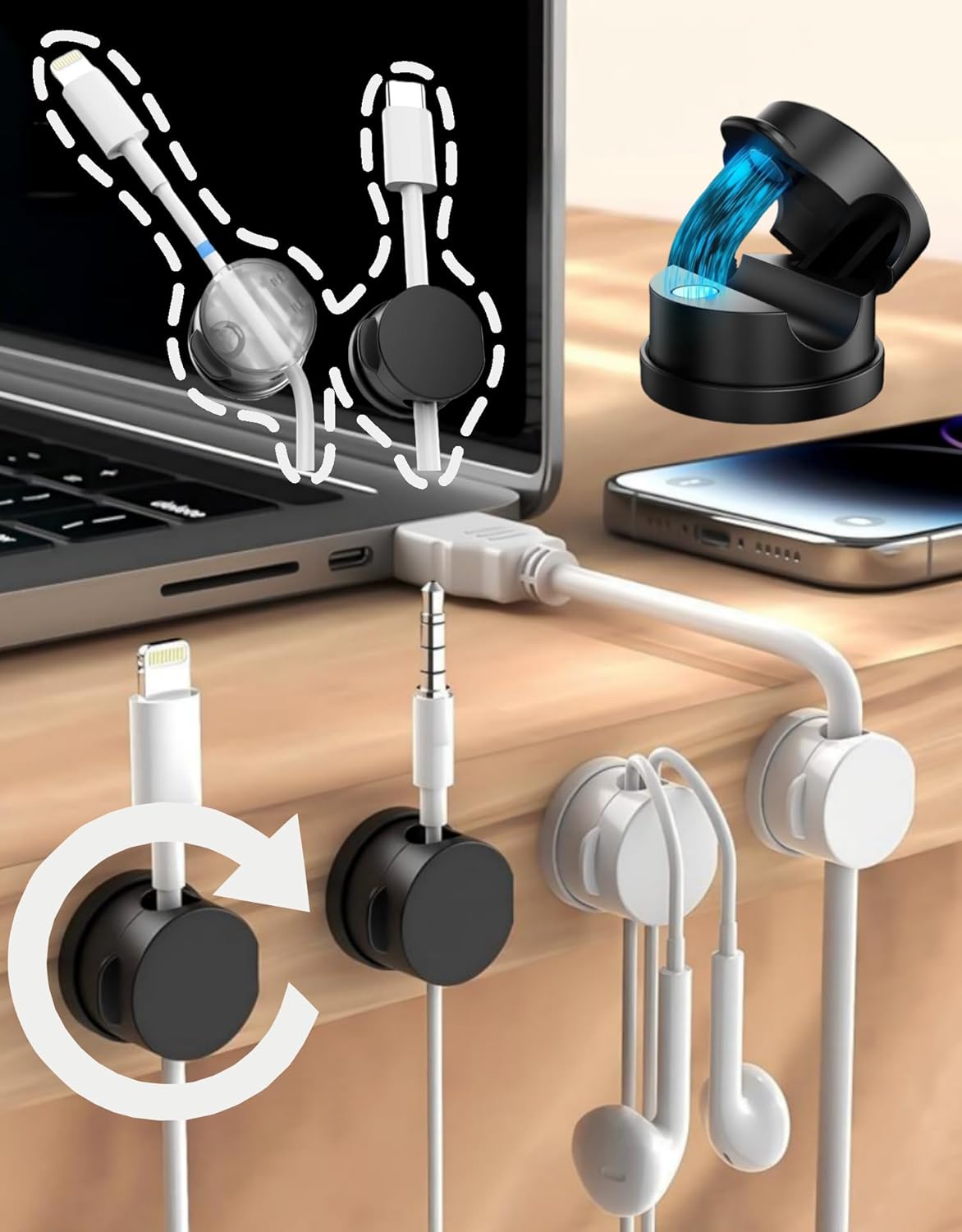 8 Pack Magnetic Cable Organizer [1s Lock] Spring Cable Management Clips, Desktop Cable Management Clips, Cord Holder for Office Desk, Black and White, Strong Magnet Wire Clips (Black)