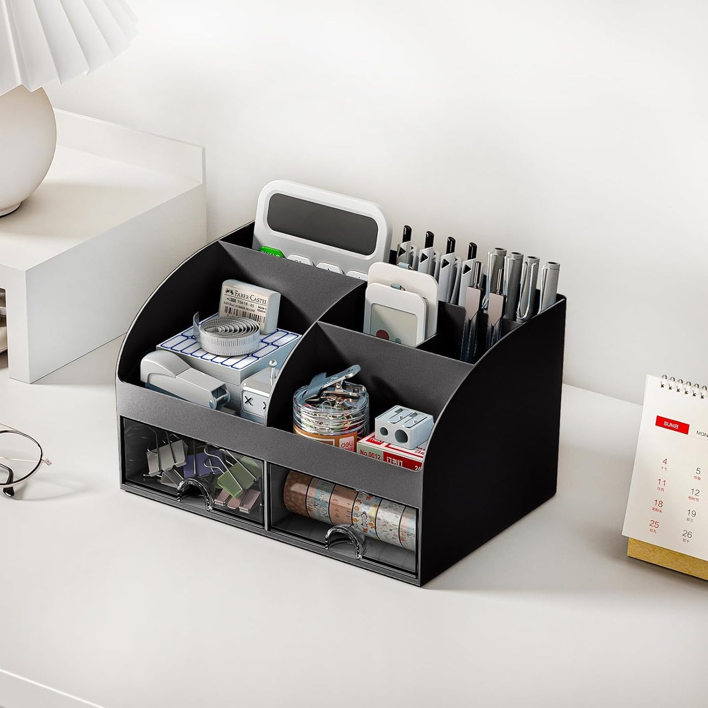COMFYROOM Desk Organizer with 6 Compartments and 2 Drawers, Plastic Makeup Organizer, Pen Holder for Desktop Storage, Desk Organization for School, Home, Office Supplies (White)