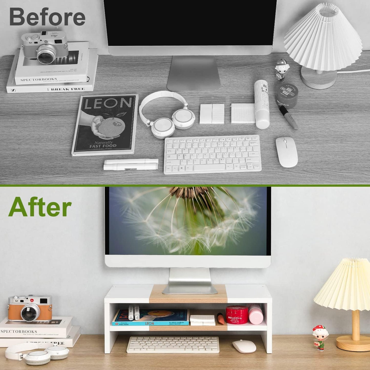 TEAMIX 2 Tiers Wooden Desktop Monitor Stand Riser 20 Inch Printer Stand with Double Storage Small TV Riser Laptop Keyboard Holder Business Desk Organizer Shelf Black Bookshelf