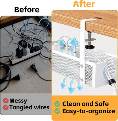 Under Desk Cable Management Tray – No Drill Metal Mesh Cord Organizer for Home Office & Standing, Adjustable Wire Organizer, Space-Saving Desk Tray (Black)