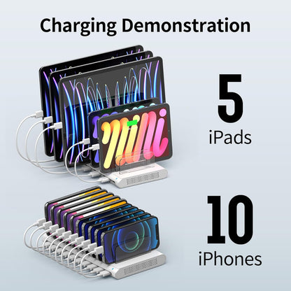 Unitek Charging Station for Multiple Devices, 10-Port USB Charger with SmartIC Technology and Adjustable Dividers, Organizer Stand Compatible with iPad, Tablet, Kindle, iPhone, White