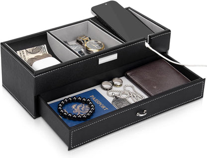 Baoyun Valet Tray for Men, 2 Layers Nightstand Organizers for Men and Women, Leather Jewelry Storage Box, Mens Dresser Top Organizer, Catch All for Jewelry Key Wallet and Phone (Brown)