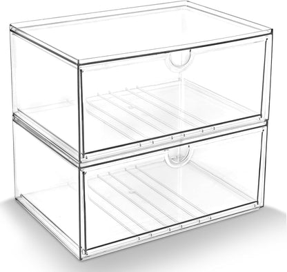 Prsildan Acrylic Makeup Organizer, 2 Pack Stackable Storage Drawers with 6 Drawers for Office Desk Vanity Craft Room Clear Drawer Organizers for Hair Accessories Art Supplies Cosmetics Modular System
