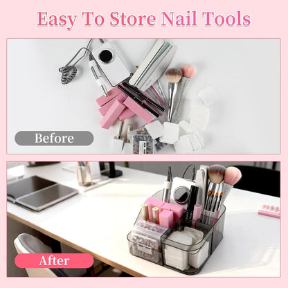 BQAN Transparent Acrylic Nail Desk Organizer with Spinning Drawer, Drill & Brush Holder, Desktop Manicure Tool Storage for Nail Techs, Makeup, Skin Care (Black) - Professional Salon or Home Use