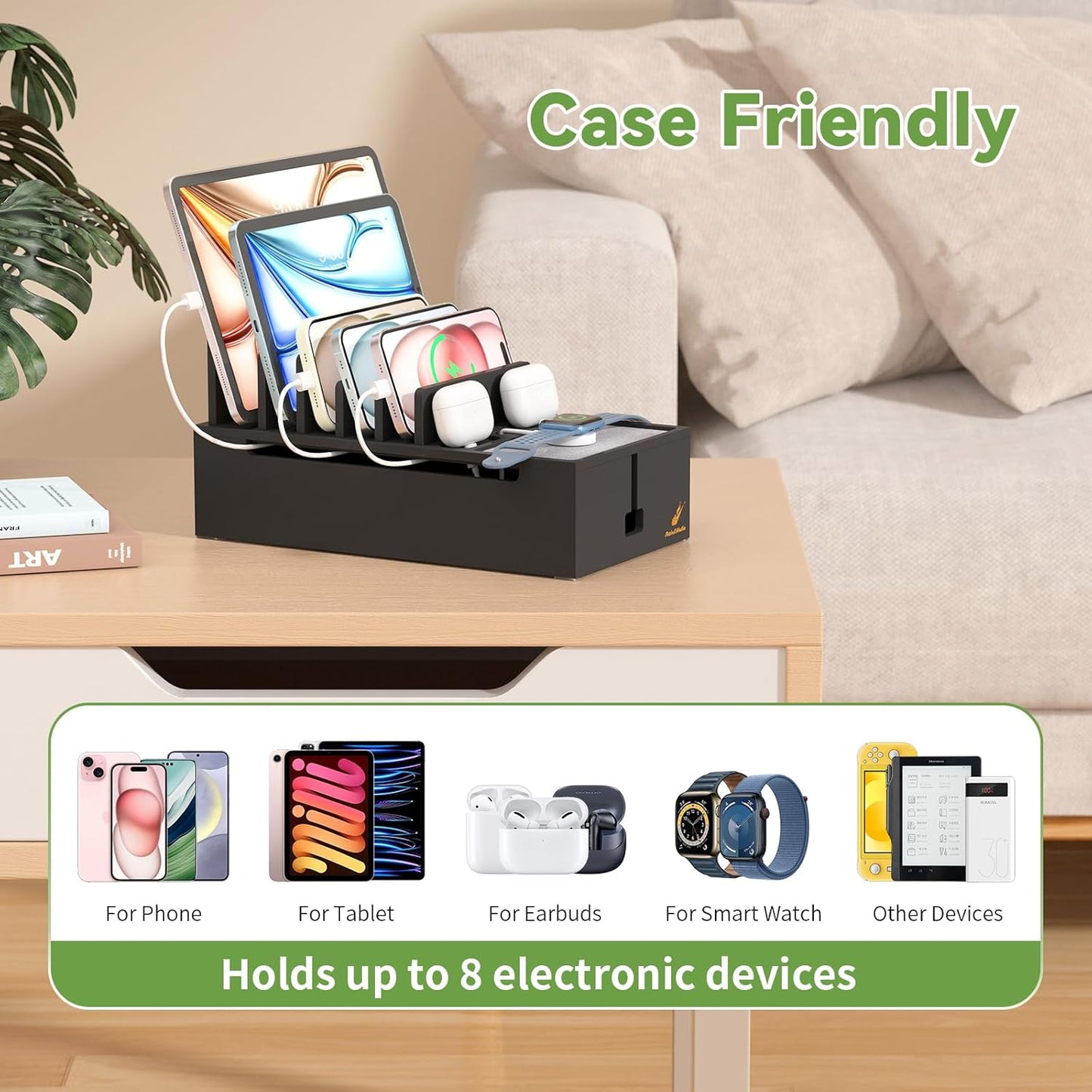 Pezin & Hulin Multi Charger Station Organizer Rack, Bamboo Cable Management Box, Power Strips and Cord Hider, Nightstand Device Organizer (Include 6 Cables)(No Power Charging Supply) -White