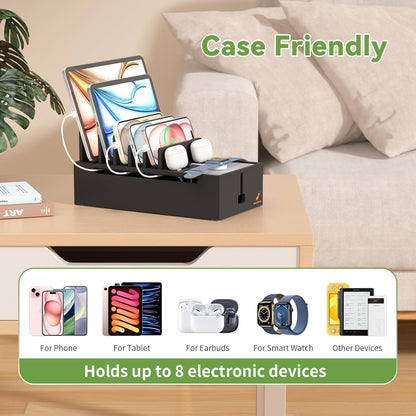 Pezin & Hulin Multi Charger Station Organizer Rack, Bamboo Cable Management Box, Power Strips and Cord Hider, Nightstand Device Organizer (Include 6 Cables)(No Power Charging Supply) -White