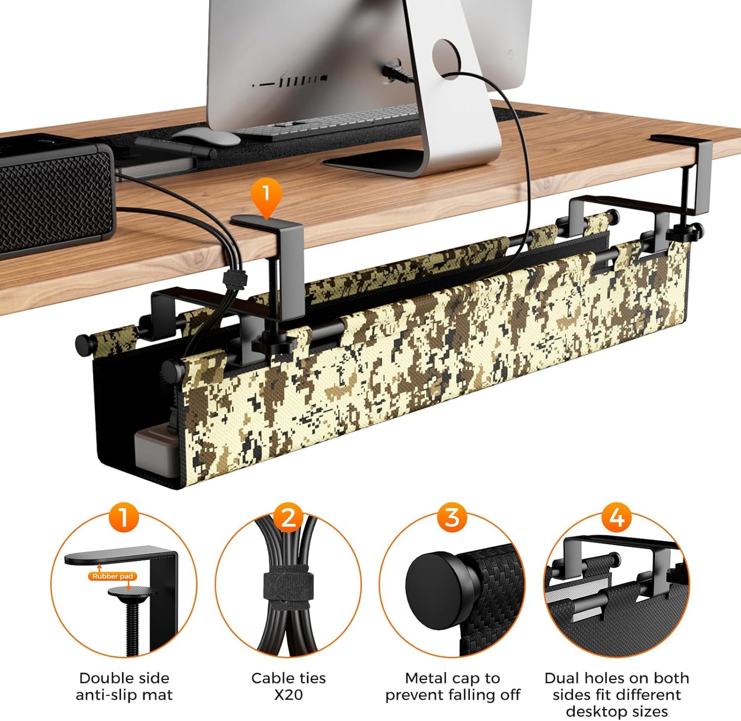 Under Desk Cable Management,No-Drill Standing Desk Cable Organizer with 2 Mounting Options - Clamp Or Screw Mounting,Upgraded Wider & Thickened Cord Holder for Home Office,38.6" L x 6" W