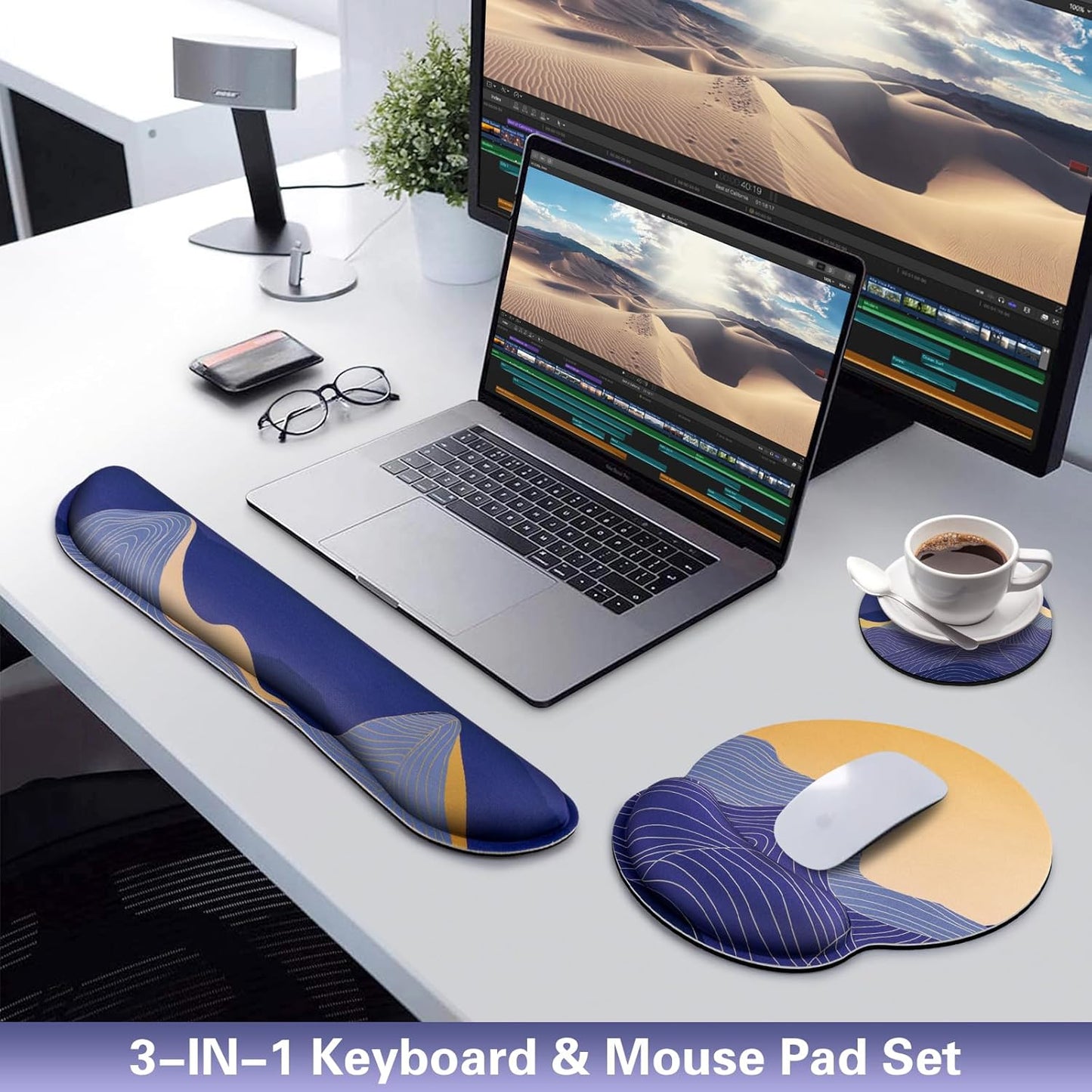 Mouse Pad with Wrist Rest Set, Qomolama 3-in-1 Wrist Support Mouse Pad Set, Floral Gaming Mousepad with Anti-Skid Base,Ergonomic Mouse Pad,Memory Foam Keyboard Gel Wrists Rest
