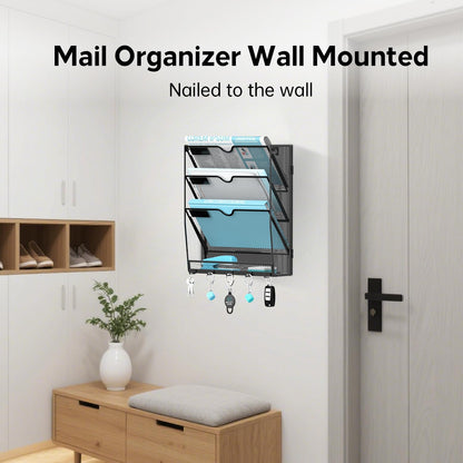 5 Tier Wall File Organizer - Hanging File Organizer with 5 Hooks, Mail Holder Wall Mounted for Papers, Folders, Magazines, Bills, Office&School Organization, Black