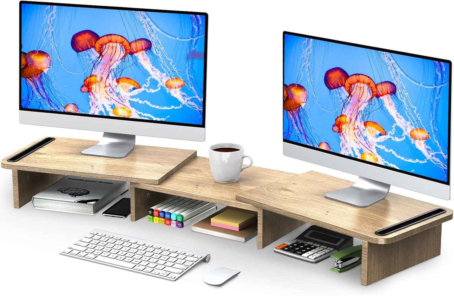 Zimilar Dual Monitor Stand Riser, Monitor Stand with Adjustable Length and Angle, Wood Monitor stand for desk, Monitor Riser for 2 monitors with Storage Space(Rust Brown Large)