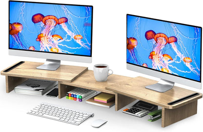 Zimilar Dual Monitor Stand Riser, Monitor Stand with Adjustable Length and Angle, Wood Monitor stand for desk, Monitor Riser for 2 monitors with Storage Space(Rust Brown Large)