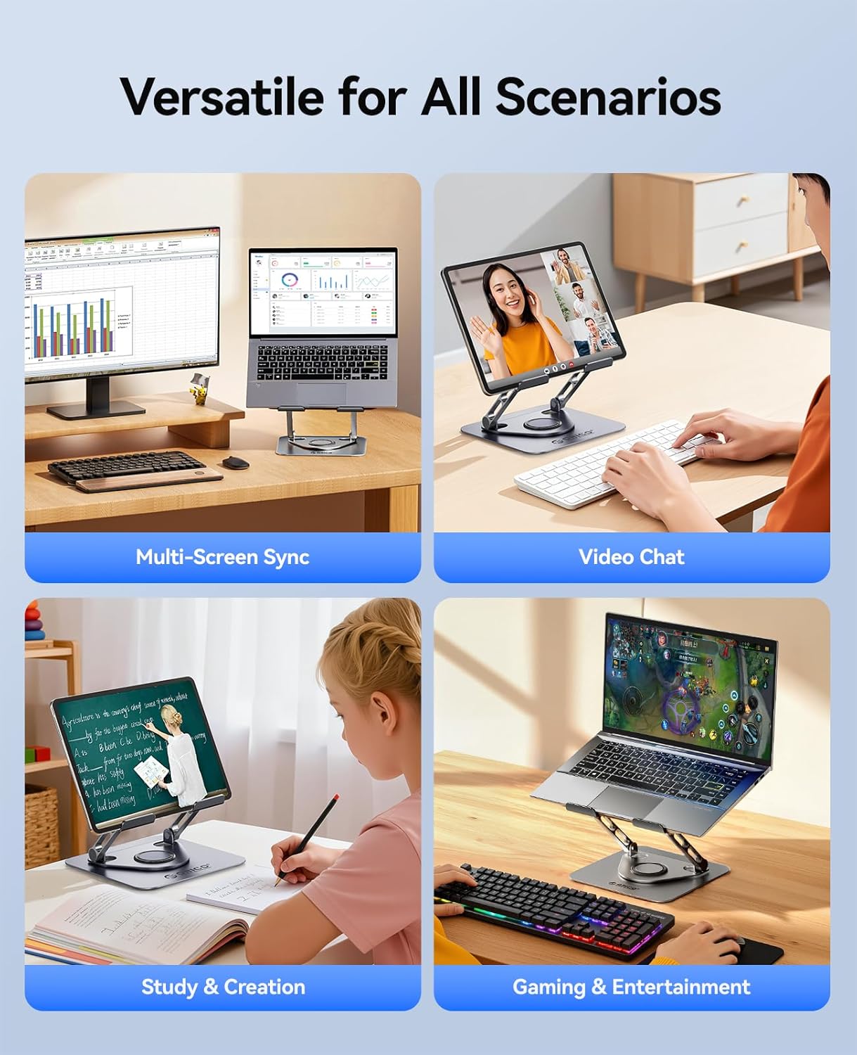 ORICO Adjustable Laptop Stand for Desk, 360° Rotating Base, Foldable Aluminum Alloy Computer Stand with Ventilated Design, Compatible with MacBook Air/Pro, Dell, XPS, HP up to 17'' - ST12, Silver