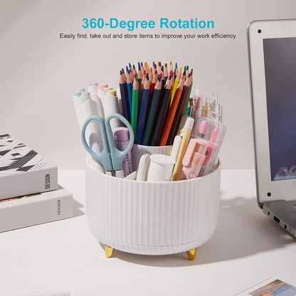Desk Pencil Pen Holder, 5 Slots 360 Degree Rotating Pencil Pen Organizers for Desk Desktop Storage Stationery Supplies Organizer Cute Pen Cup for Office School Home Art Supply Cream Yellow