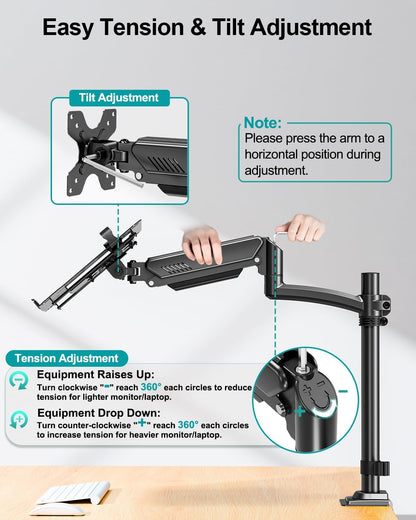 MOUNT PRO Laptop Arm Mount for Desk, 2 in 1 Function Monitor Laptop Stand, Fits Max 17" Notebook and 32" Computer Screen, Aluminum Single Monitor Holder with Adjustable Tray, Holds up to 22lbs