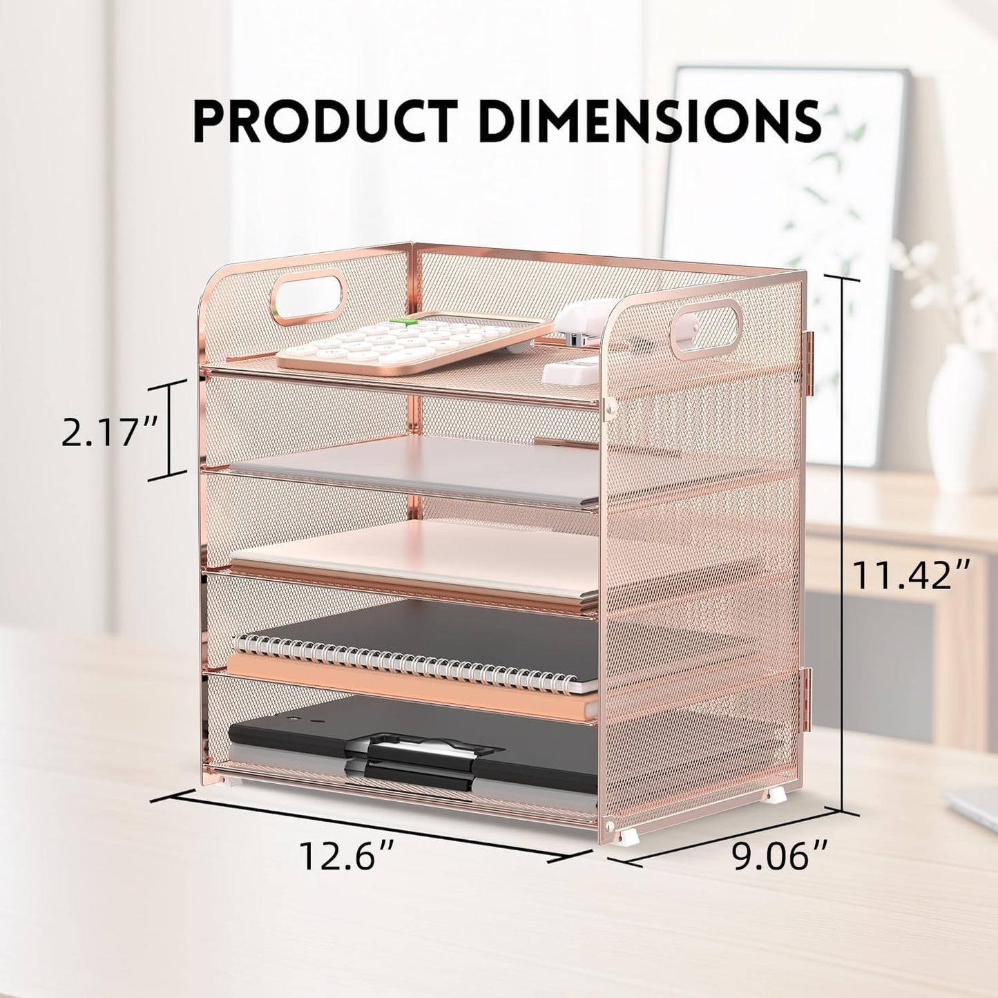 Supeasy 5 Trays Paper Organizer Letter Tray with Handle-Mesh Desk File Holders, Paper Sorter Desk Organizer for Office, Home, Classroom or School, White